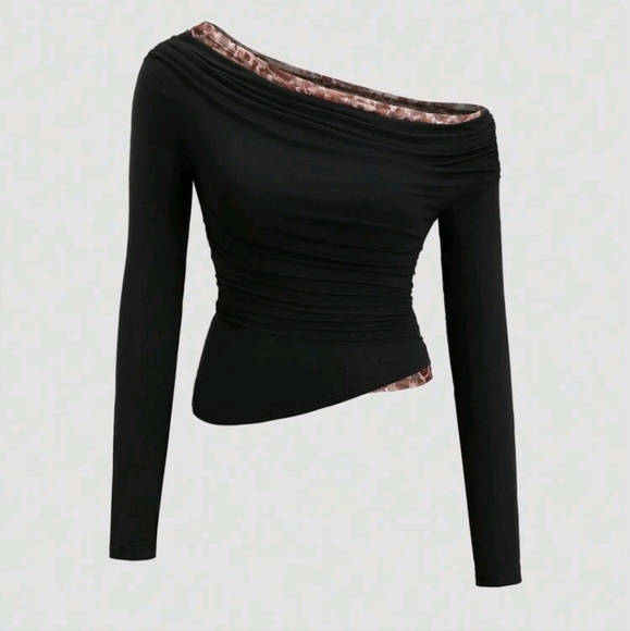 Women Oblique Shoulder Splicing Fabric Long Sleeve Tight Casual T-Shirt - Picture 1 of 4